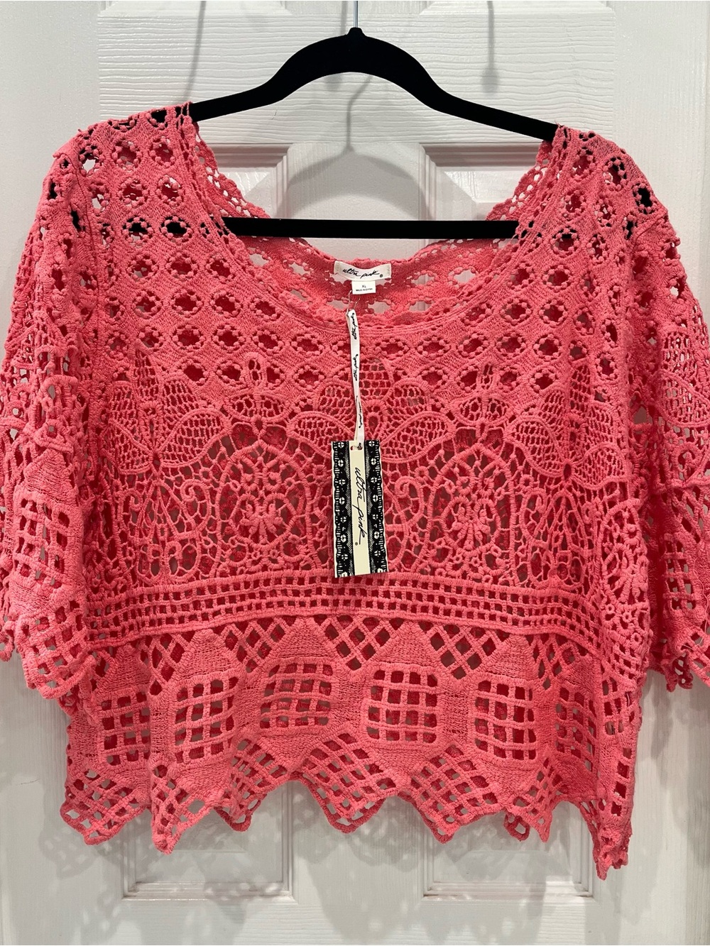 Ultra Pink Crochet Lace Tunic in Coral